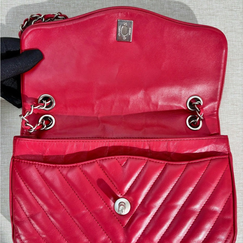 CHANEL Red Lambskin Chevron Flap Bag SHW Lion Hardware - Picture 11 of 16